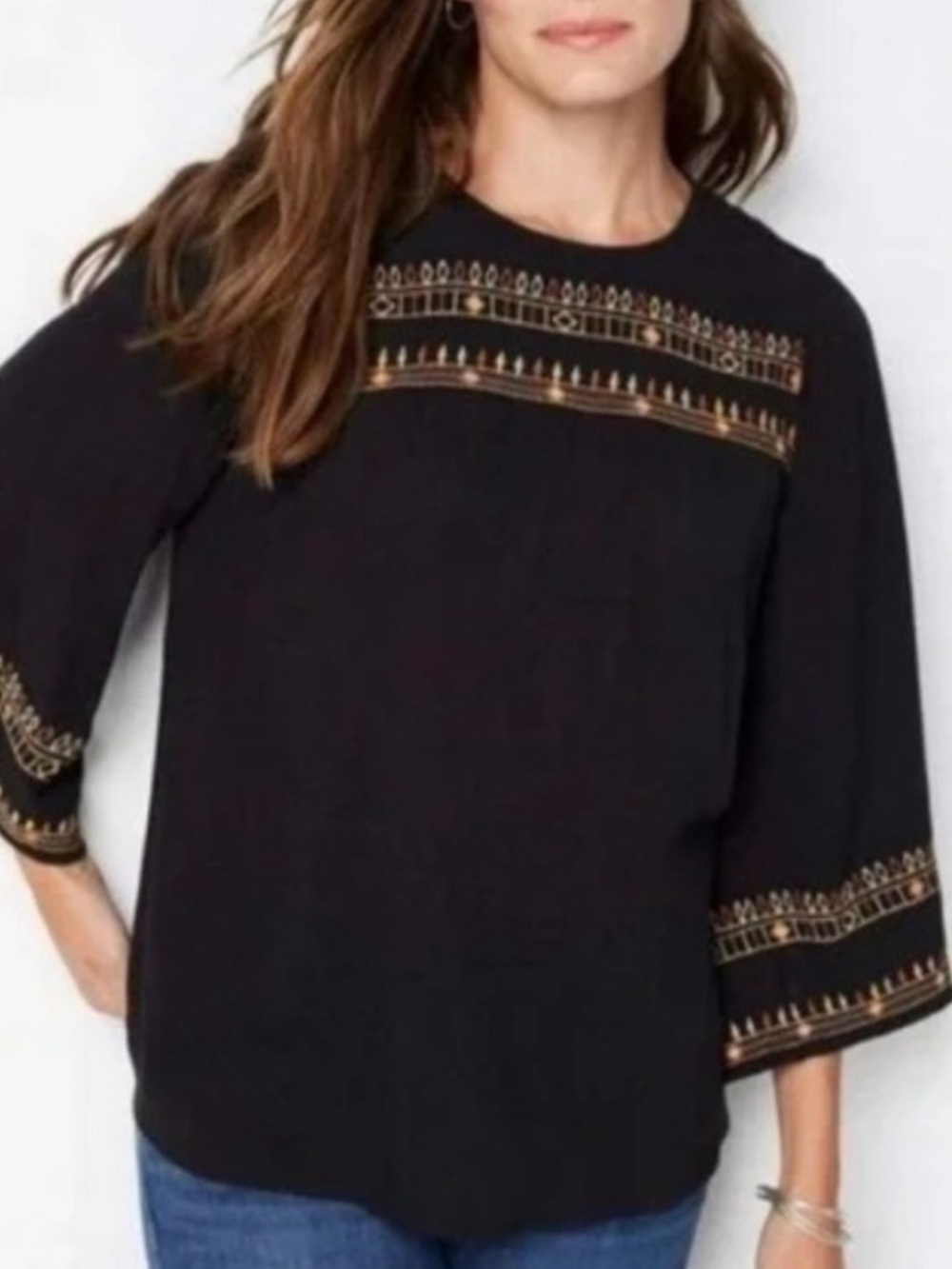J.Jill Women XL Black Embroidered Gauze Boho Peasant Bell Sleeve Blouse